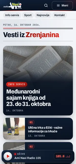 Ami Naxi Radio kao aplikacija na telefonu: naslovna sa vestima i plejer uživo na dnu ekrana